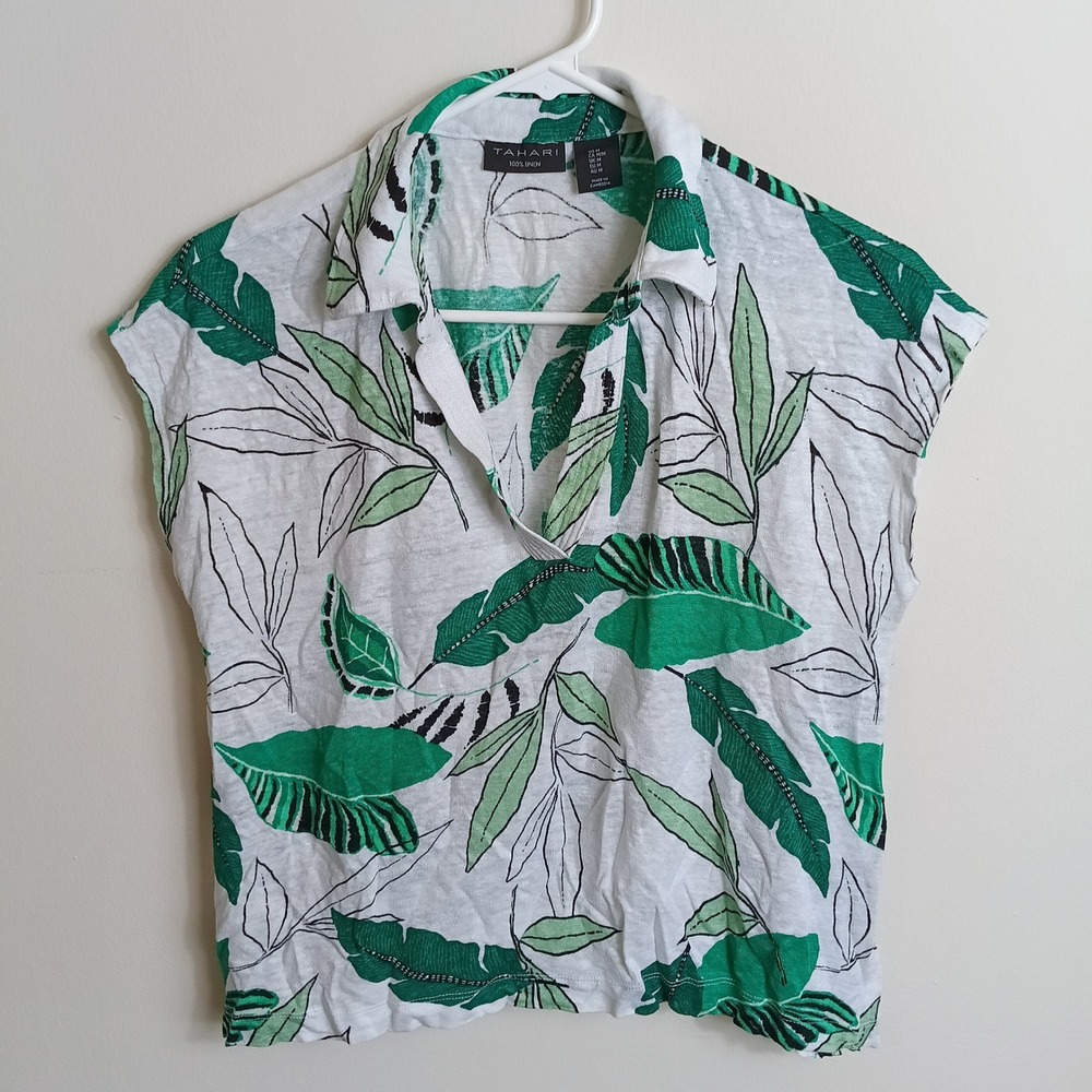 Tahari Linen Top Womens M Green White Tropical Leaf V-Neck Excellent Cap Slv